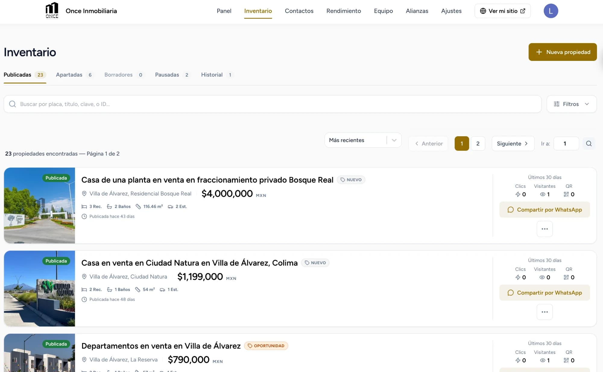 Inventario de Once Inmobiliaria en su panel, con clics, visitantes y QR por propiedad