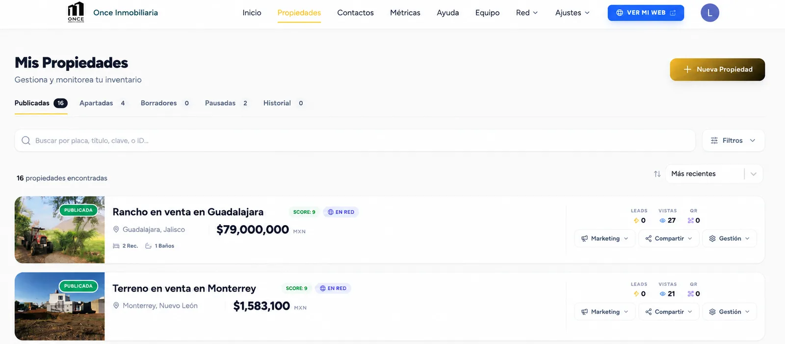 Panel de MetroBrok: gestión de inventario con leads, vistas y scoring por propiedad