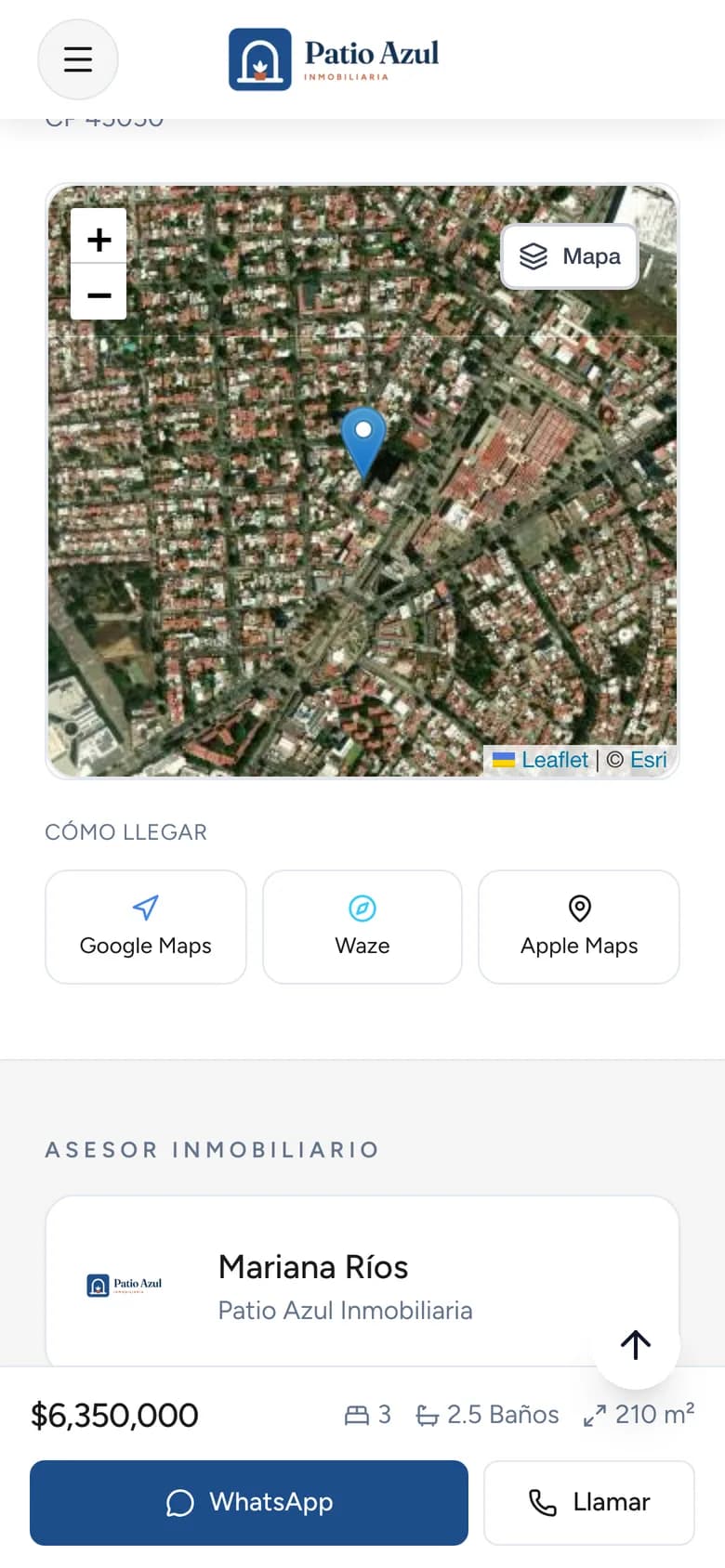 Final de la ficha con la asesora de Patio Azul y el botón de WhatsApp
