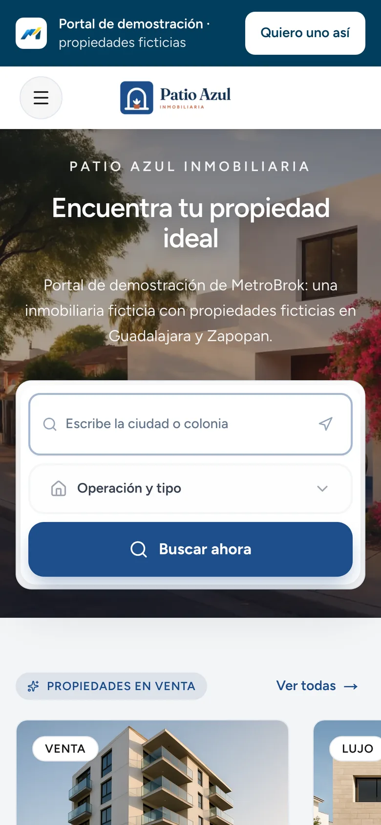 Inicio del portal de Patio Azul en el celular, con su logo y el buscador de propiedades